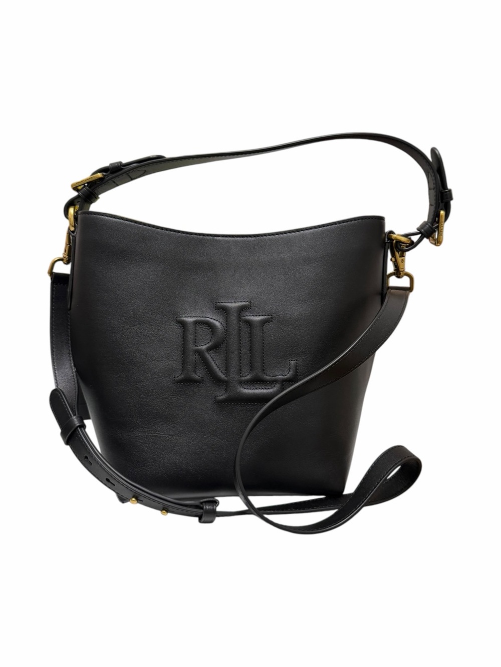 Ralph Lauren Solid Black Leather Bucket Handbag